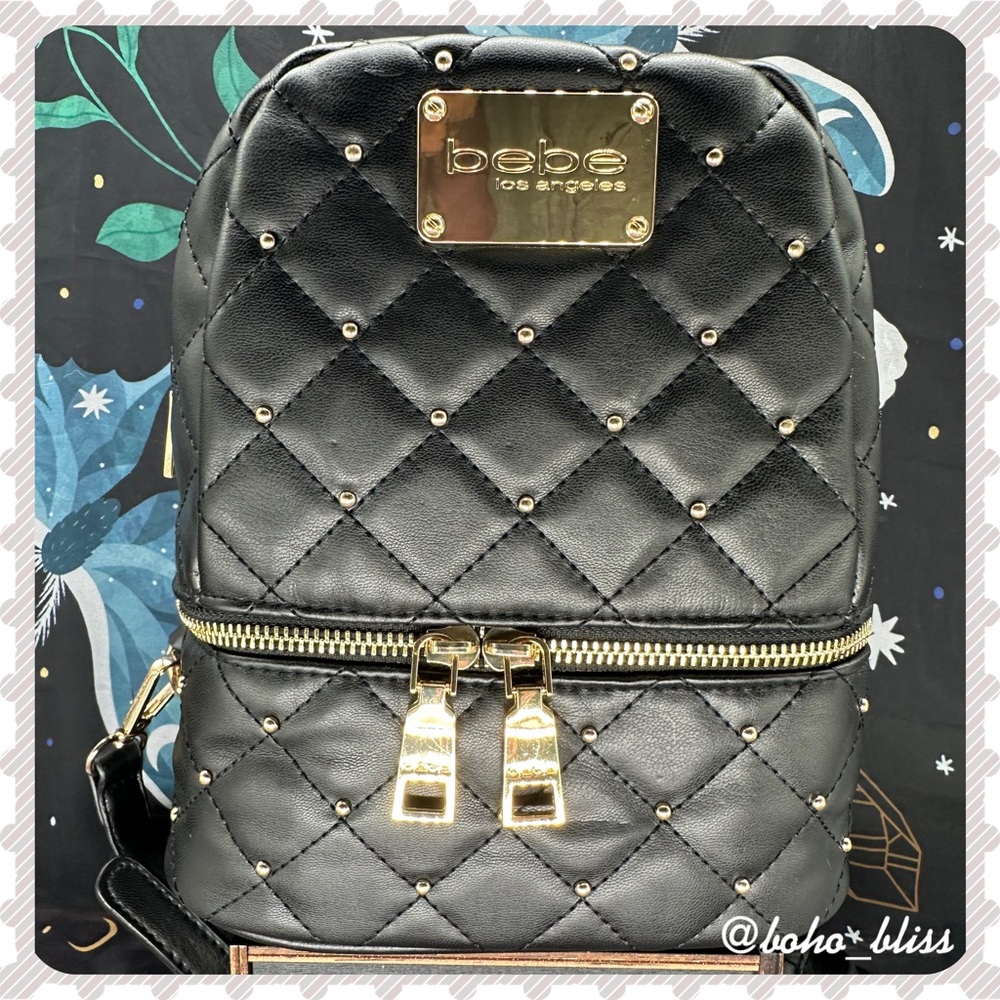BEBE | Black Diamond Quilted Gold Studded Mini Backpack NWT